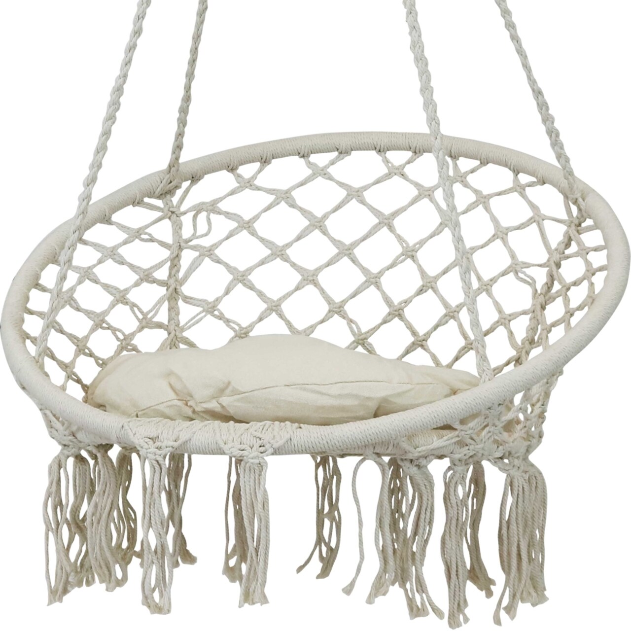 Sunnydaze Cotton Rope Macrame Hammock Chair With Tassels/Cushion - Cream